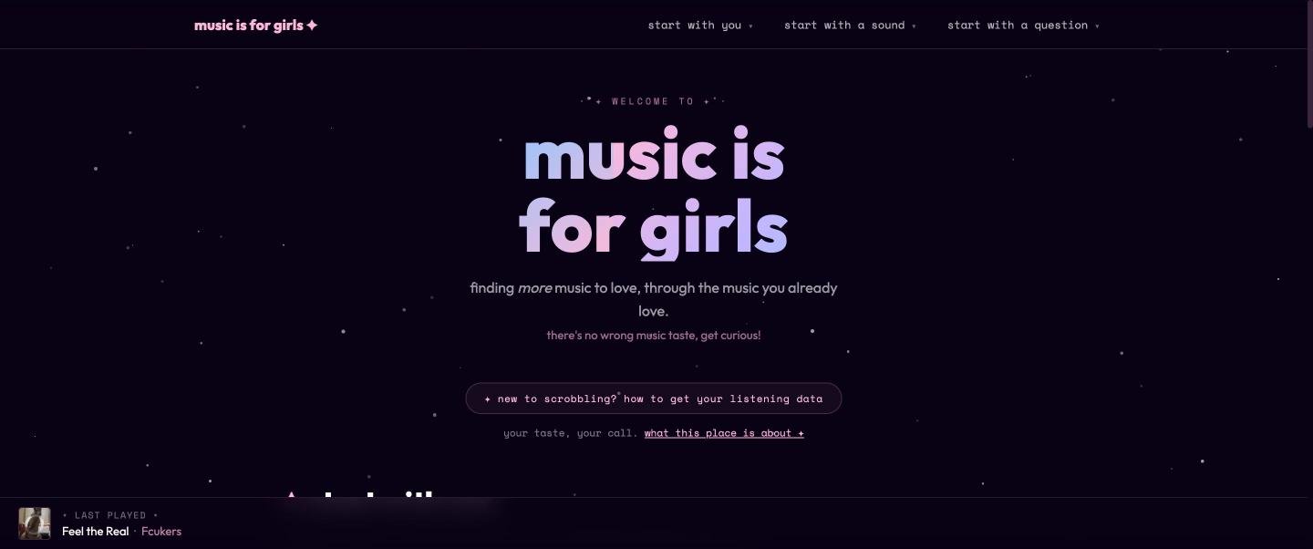 The Music Is For Girls homepage: a dark starry background, the title