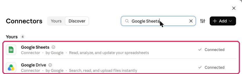 Claude's Connectors page with Google Sheets and Google Drive connected