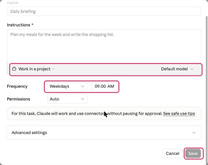 The Create scheduled task window: work in a project, Frequency set to Weekdays at 9:00, and the Save button