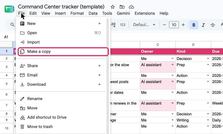 The File menu in Google Sheets, with Make a copy highlighted