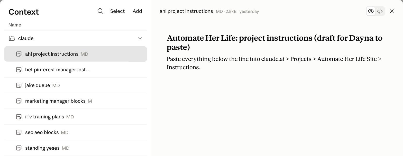 My Command Center's Context: one document per shared rule set, each ready to paste into other projects