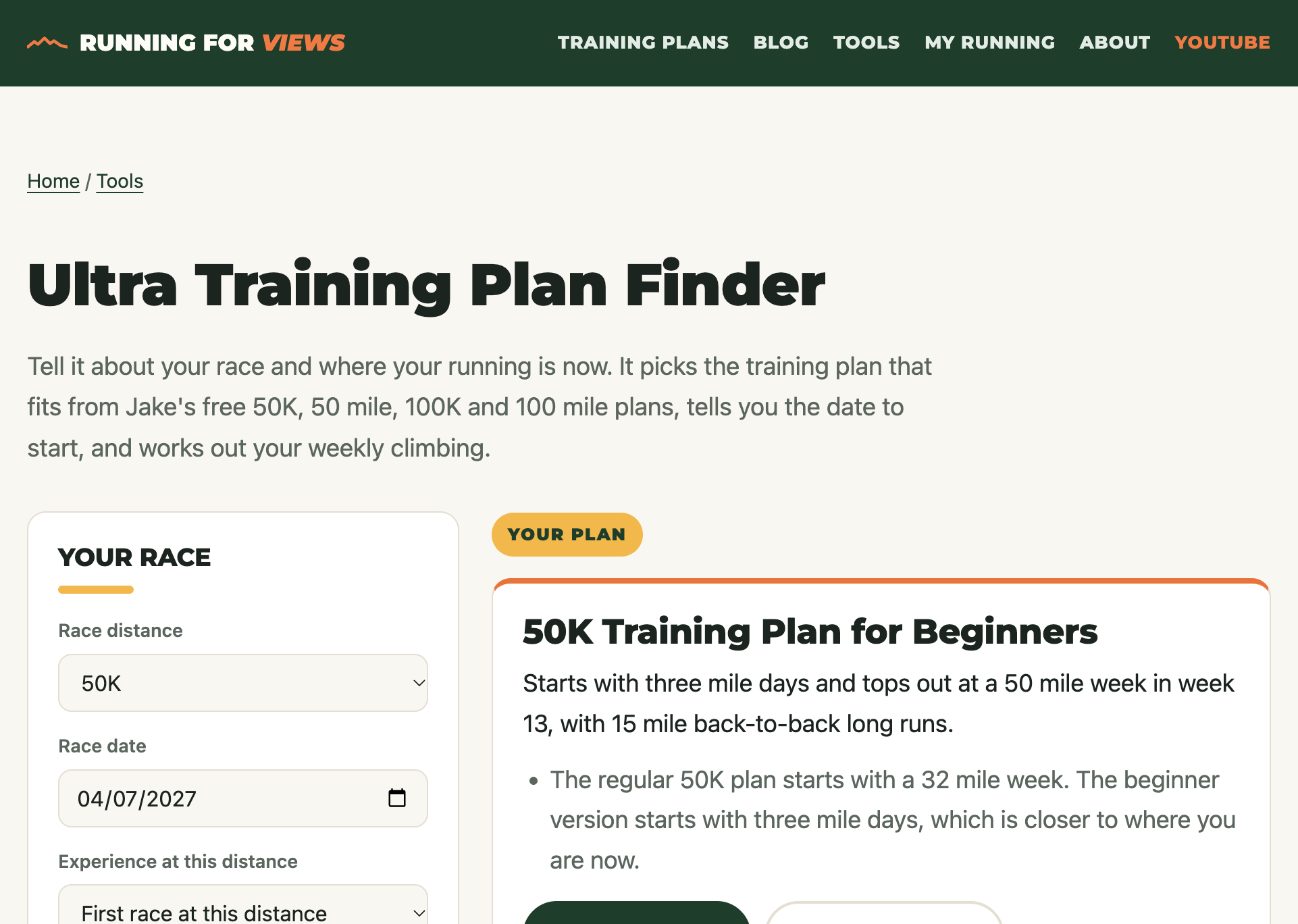 The Ultra Training Plan Finder on runningforviews.com: a Your Race box with race distance, race date and experience on the left, and the matching plan, 50K Training Plan for Beginners, on the right