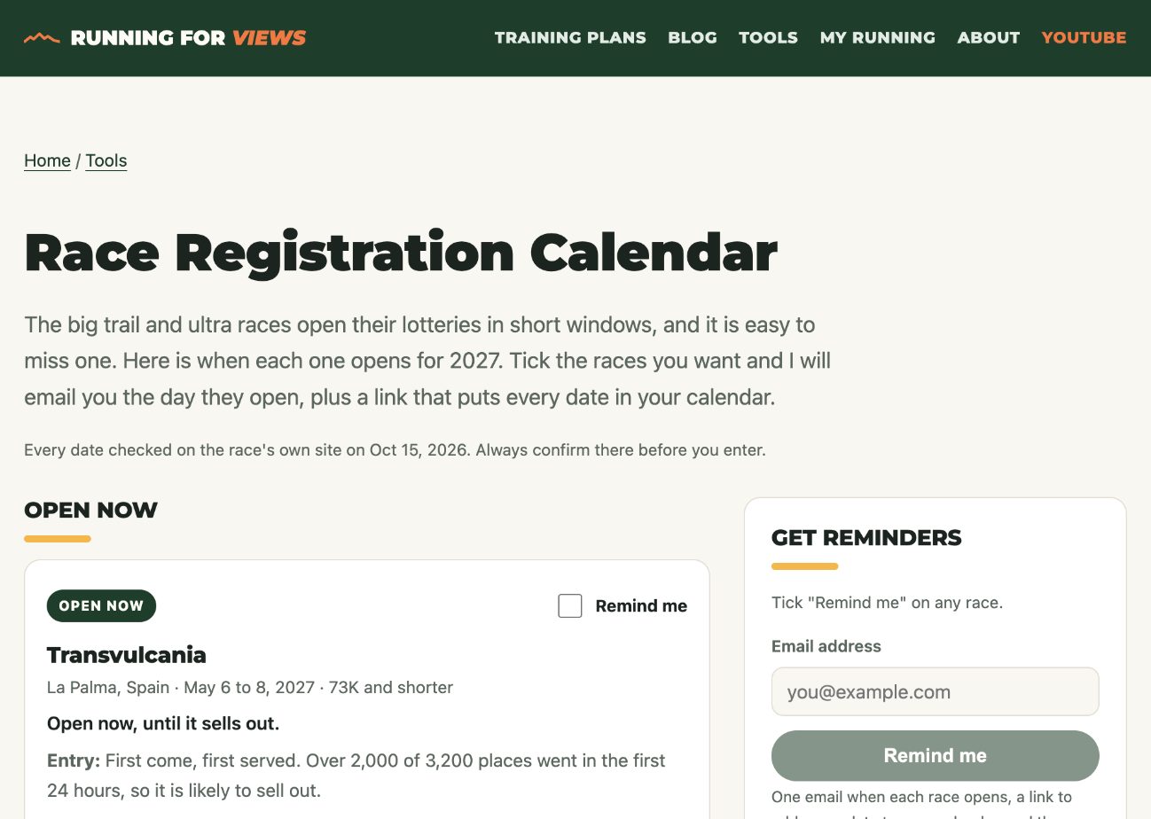 The Race Registration Calendar on runningforviews.com: a race card for Transvulcania with a Remind me checkbox, and a Get Reminders box on the right with an email field and a Remind me button