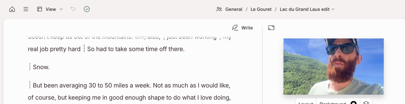 A Descript project: the transcript on the left, the video on the right. The crossed-out