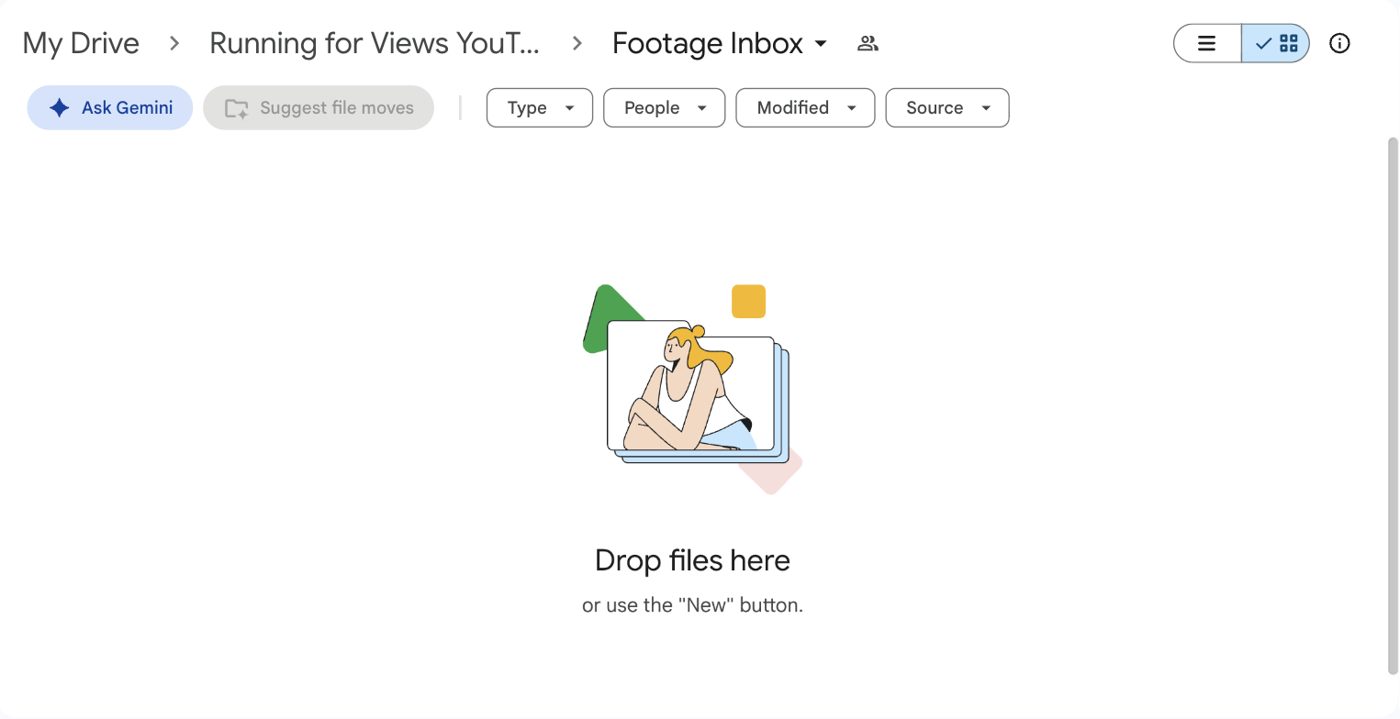 The empty Footage Inbox folder in Google Drive, inside the Running for Views YouTube folder