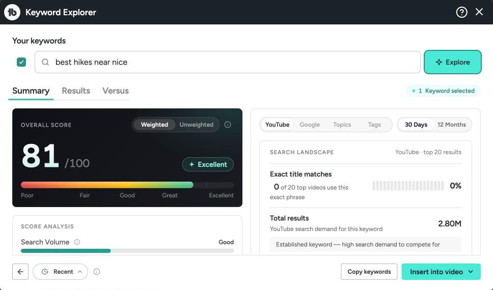 TubeBuddy's Keyword Explorer inside YouTube Studio. Type a phrase, click Explore, and the big number on the left is its overall score out of 100.
