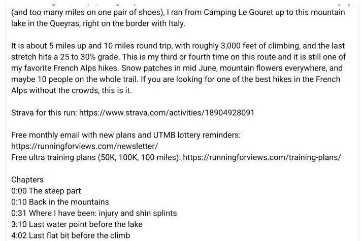 The video's description in YouTube Studio. After the run details and the Strava link comes the newsletter line: