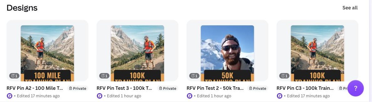New pins in Canva, each one a copy of the template with its own photo and words