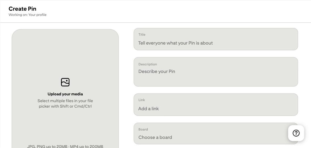 Pinterest's Create Pin screen. Claude uploads the image on the left and fills in the title, description, link and board on the right.