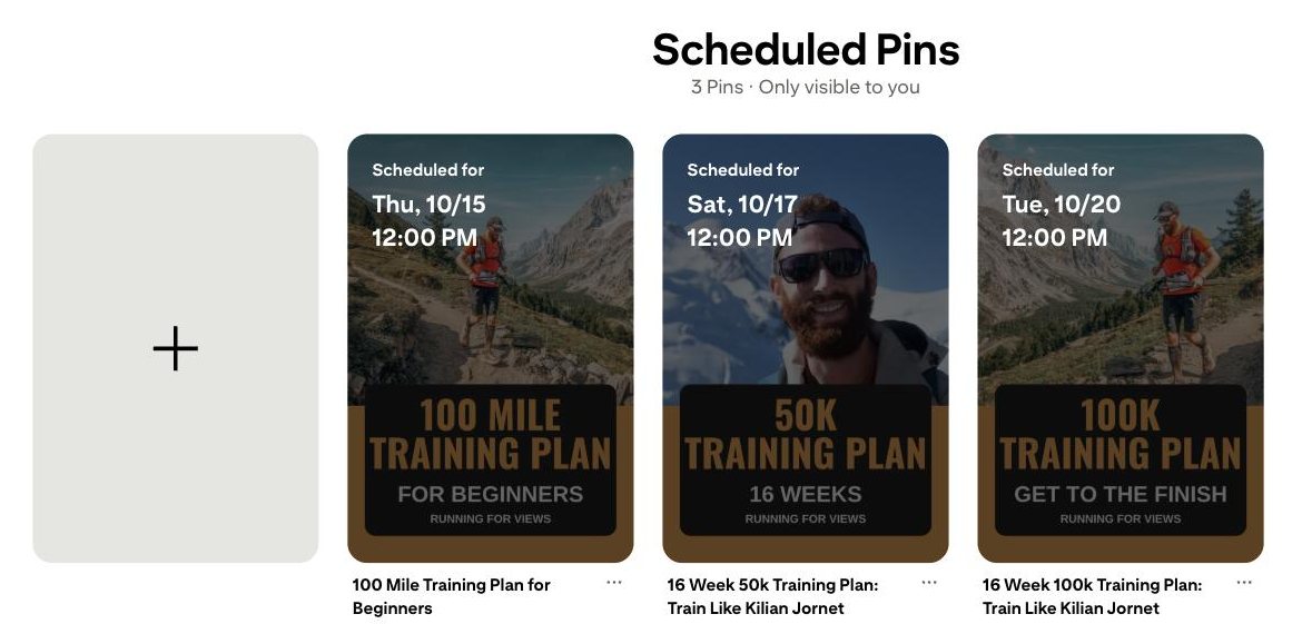Pinterest's Scheduled Pins list: Jake's three pins, each set for its own day at noon