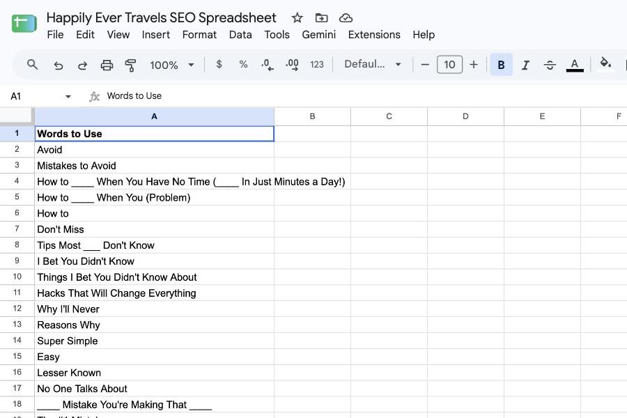 My title formulas, one per row, in a tab of my blog's SEO spreadsheet