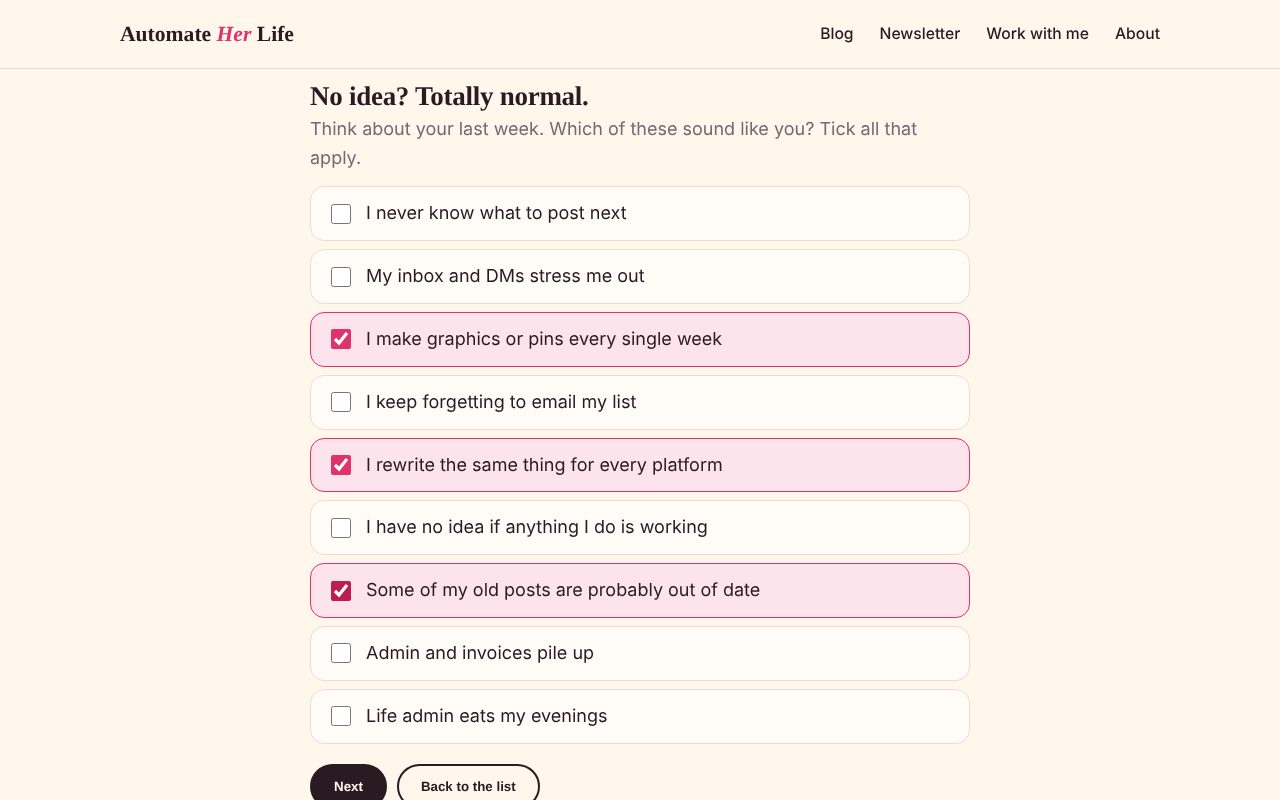 The "No idea? Totally normal." screen with nine statements to tick. Three are ticked and highlighted in pink: "I make graphics or pins every single week", "I rewrite the same thing for every platform" and "Some of my old posts are probably out of date"