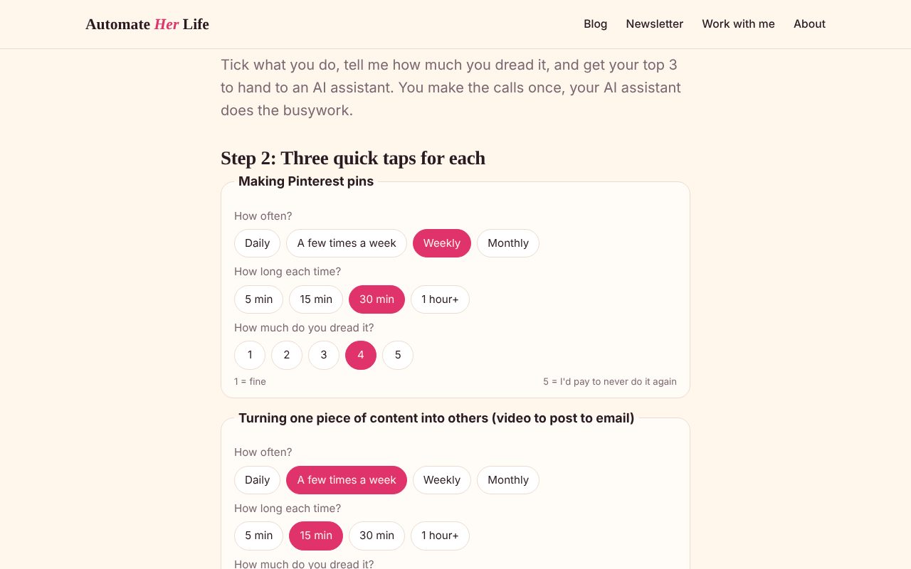 Step 2 of the quiz, "Three quick taps for each". For "Making Pinterest pins", the answers Weekly, 30 min and a dread of 4 are highlighted in pink