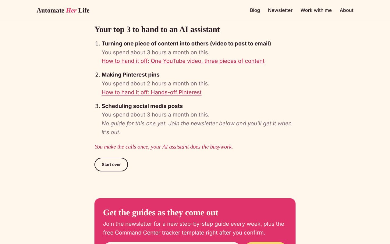 The results screen, "Your top 3 to hand to an AI assistant": 1. Turning one piece of content into others, about 3 hours a month, with a link to the YouTube video post; 2. Making Pinterest pins, about 2 hours a month, with a link to Hands-off Pinterest; 3. Scheduling social media posts, about 3 hours a month, with "No guide for this one yet"