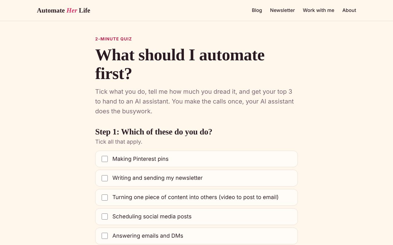 The start of the quiz: the heading "What should I automate first?", a short intro, and "Step 1: Which of these do you do?" with a list of tick boxes starting with "Making Pinterest pins" and "Writing and sending my newsletter"
