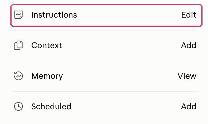 The panel on the right side of a Claude project, with Instructions and its Edit button highlighted