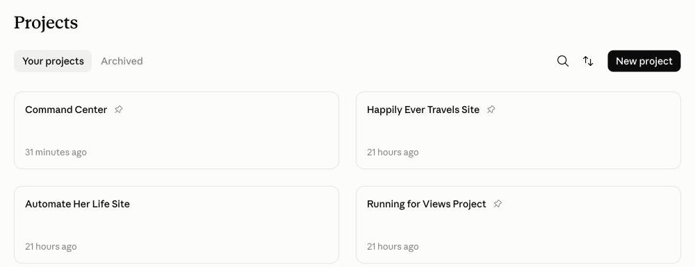 My Projects page in Claude: one project for each website, plus a Command Center project that runs the whole show