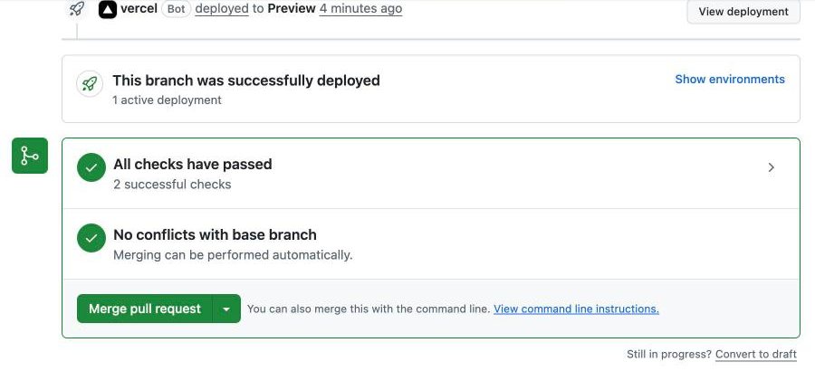 The bottom of the pull request: green checks, then the Merge pull request button
