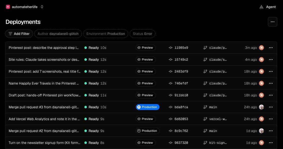Vercel's Deployments page. Every change shows up as a row, and a green dot next to Ready means it worked. The blue Production label marks the version that's live.